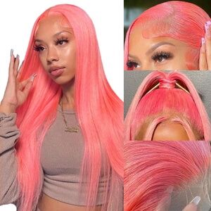NEW Pink Lace Front Wig Human Hair 26 Inch 13x4 Frontal Wig Real Hair
